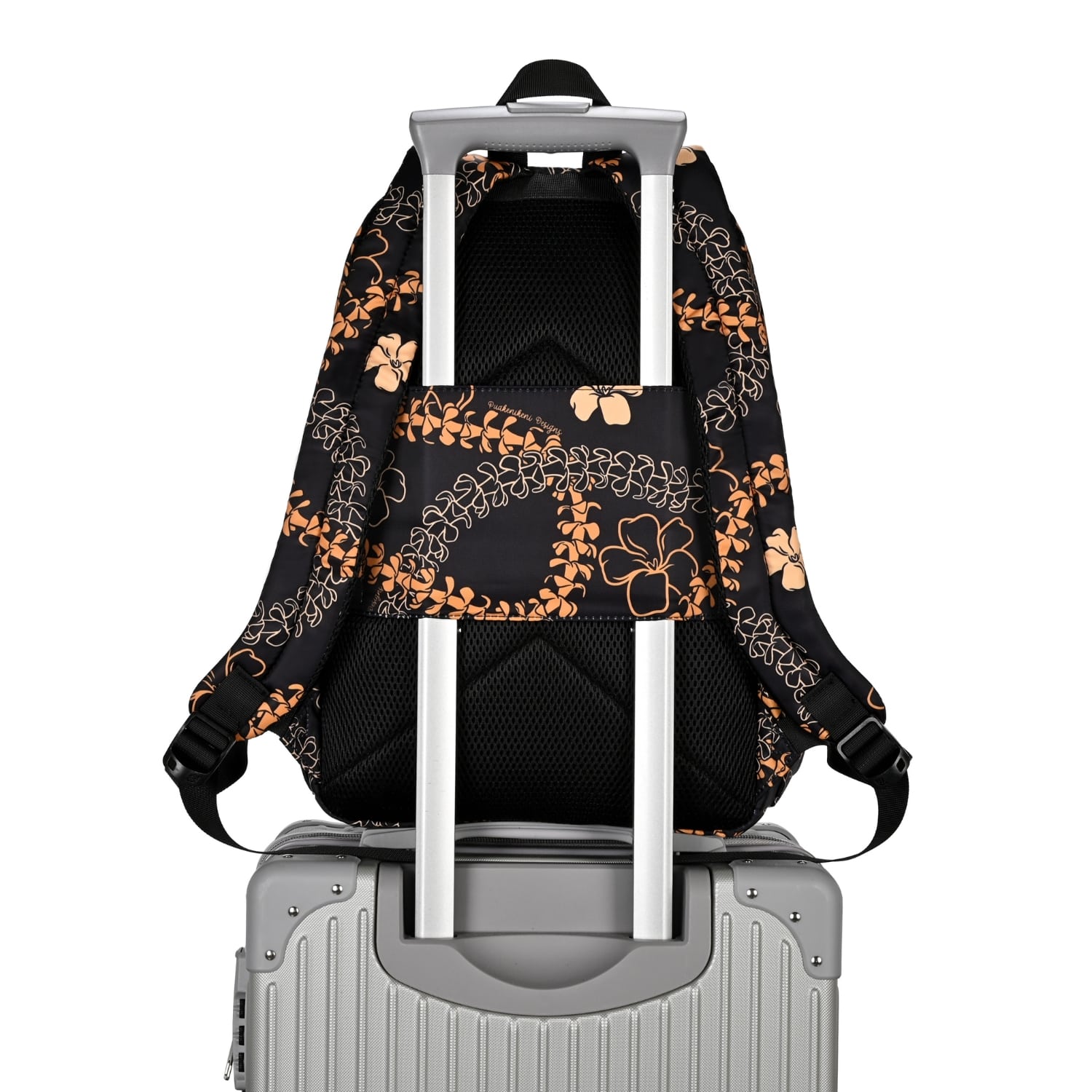 puakenikeni lei backpack from Puakenikeni Designs - back view - slide onto luggage carry-on trolley