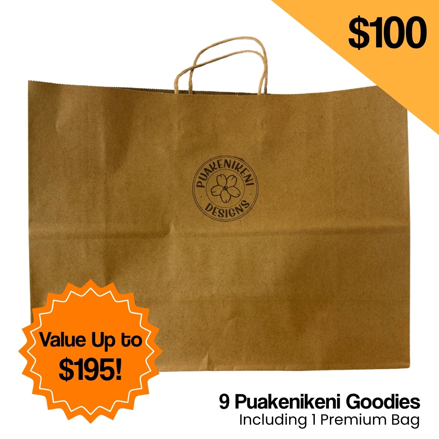 Brown paper bag with a brand logo and promotional text on a white background