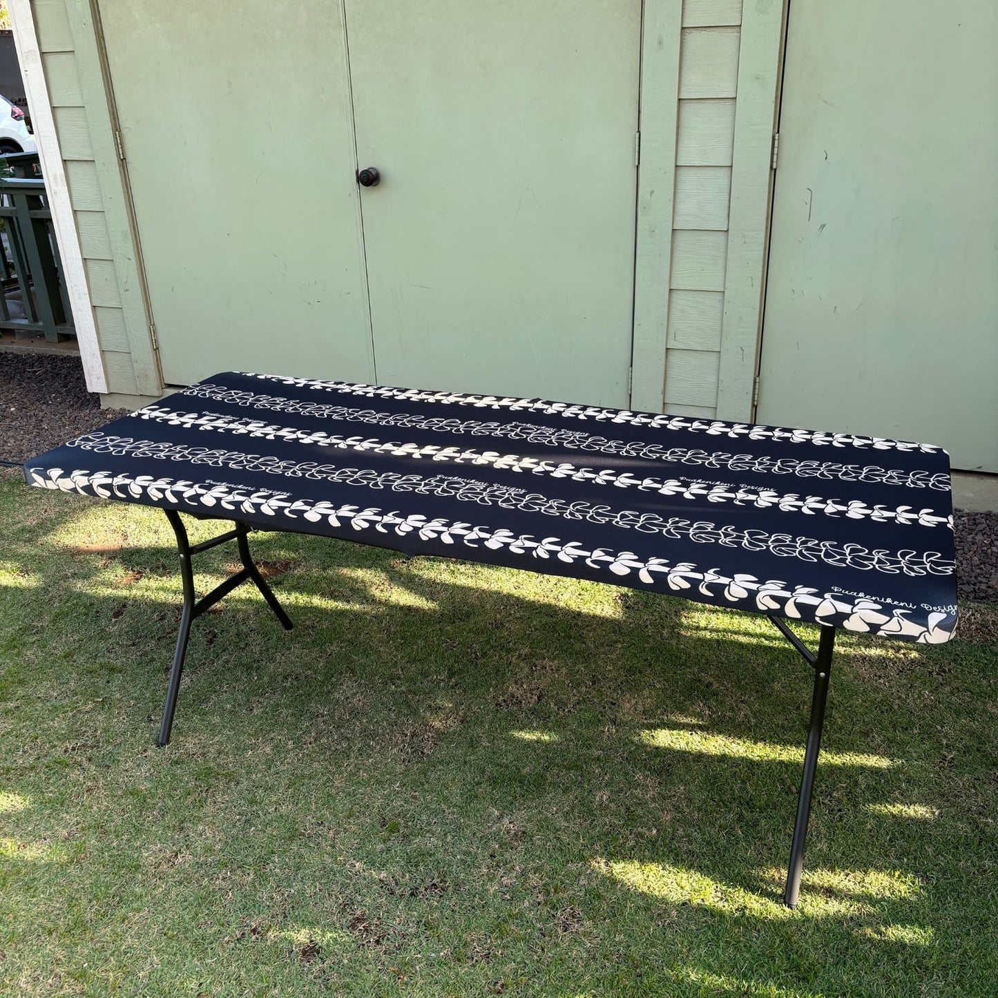 pua kenikeni lei table covers for party, with elastic, tablecloth, fitted for 6 foot table, rectangle - Beige Lei - from Puakenikeni Designs