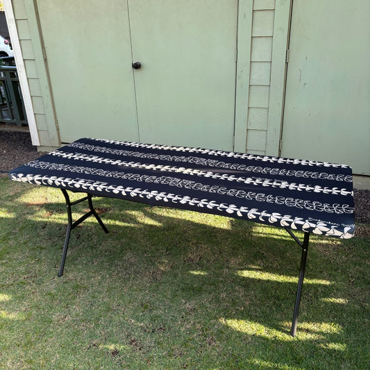 pua kenikeni lei table covers for party, with elastic, tablecloth, fitted for 6 foot table, rectangle - Beige Lei - from Puakenikeni Designs