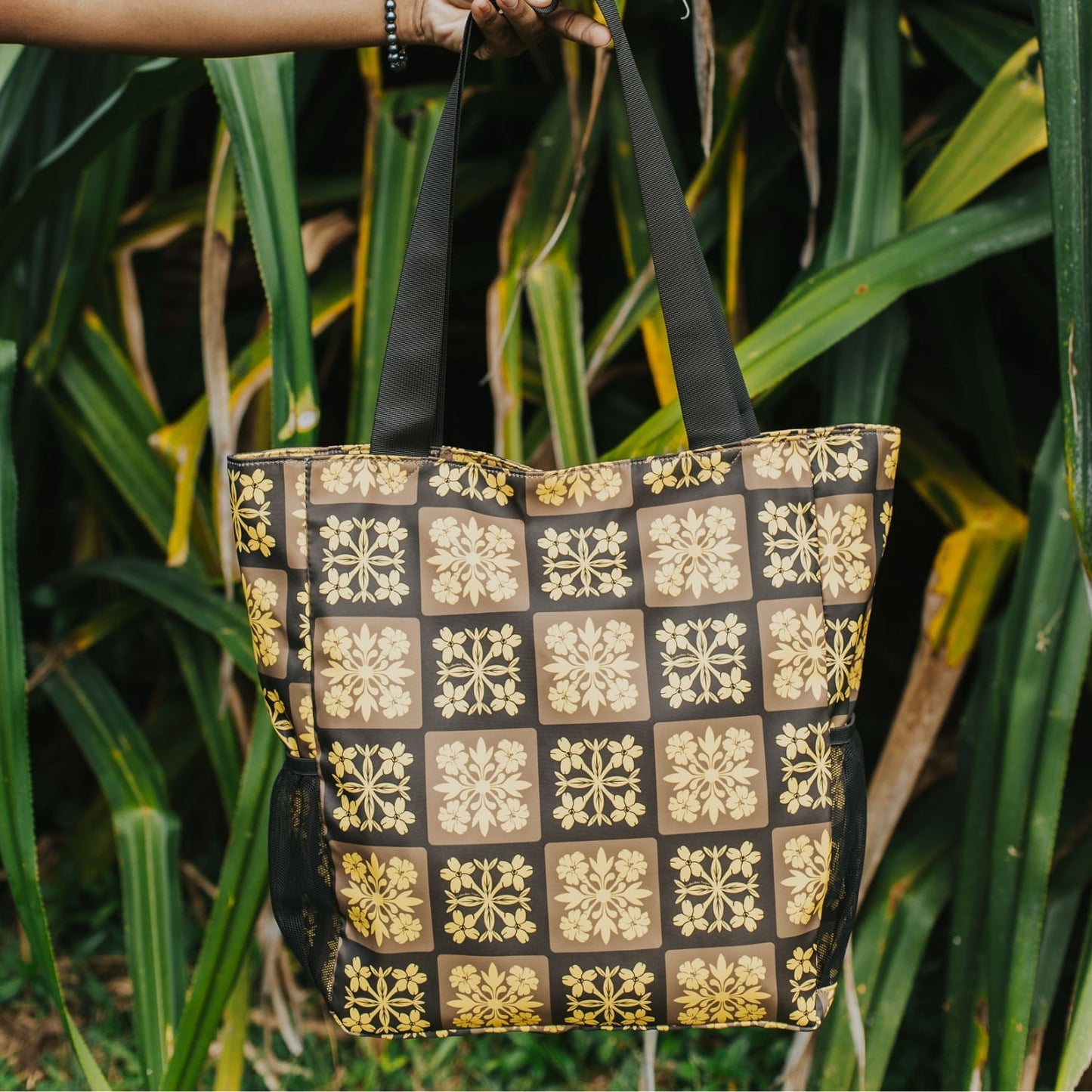 holoholo bag with pua kenikeni flowers - brown and yellow from Puakenikeni Designs front view