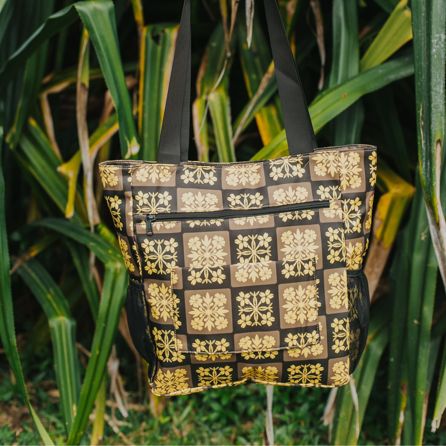 holoholo bag with pua kenikeni flowers - brown and yellow from Puakenikeni Designs back view