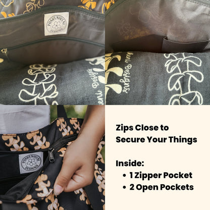 inside pockets of holoholo bag - 1 zipper, 2 open pockets; zips close on top to secure your things
