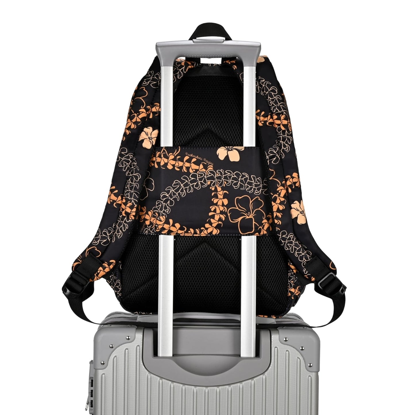 puakenikeni lei backpack from Puakenikeni Designs - back view - slide onto luggage carry-on trolley