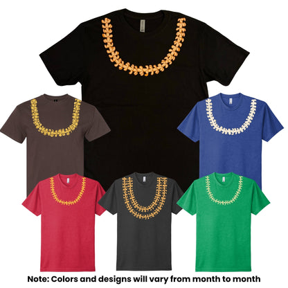 Collection of t-shirts with decorative necklaces in various colors on a white background.