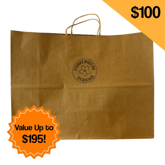 Brown paper bag with a brand logo and promotional text on a white background