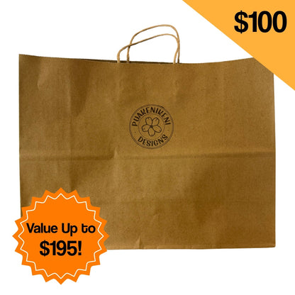 Brown paper bag with a brand logo and promotional text on a white background