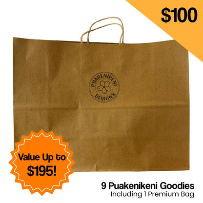 Brown paper bag with a brand logo and promotional text on a white background