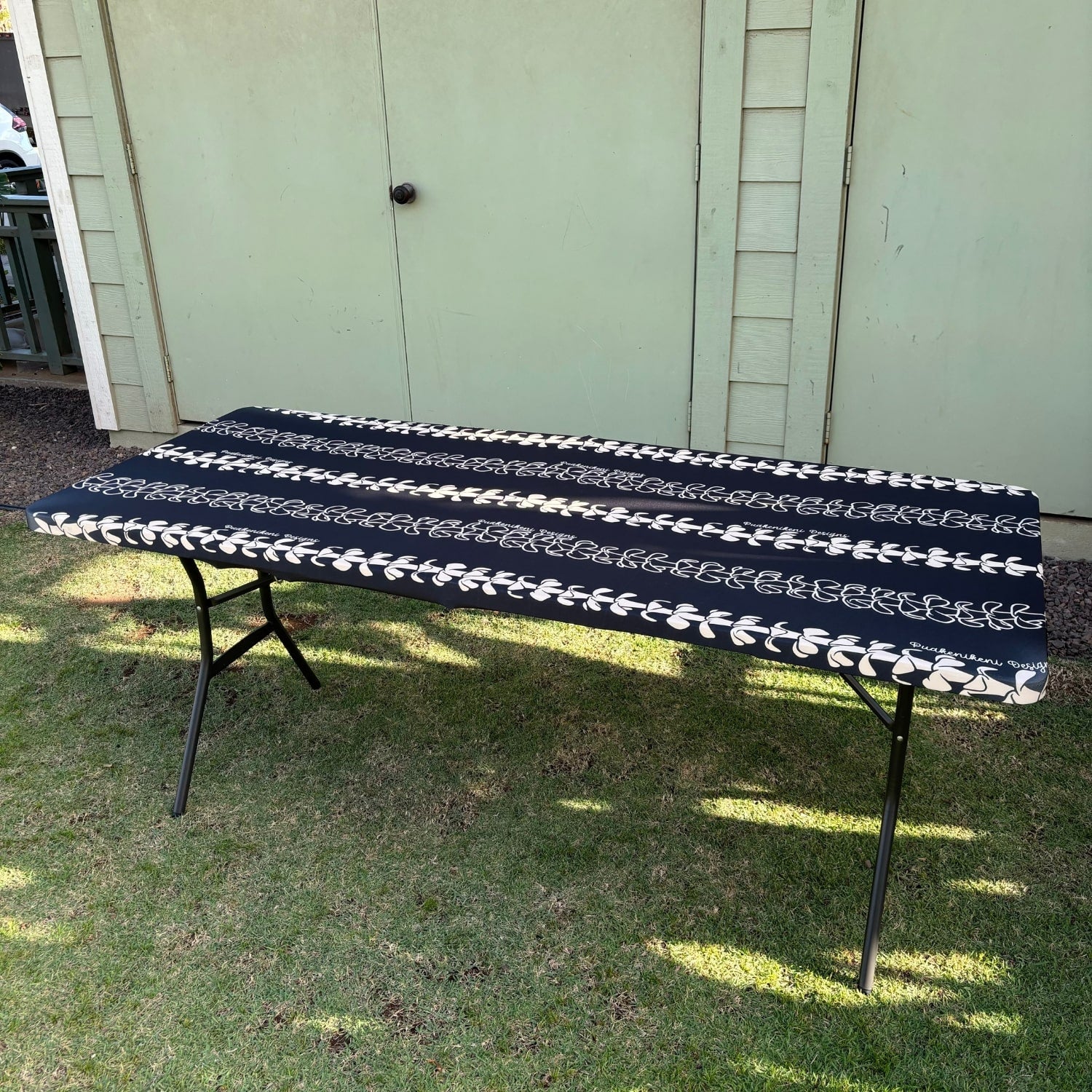 pua kenikeni lei table covers for party, with elastic, tablecloth, fitted for 6 foot table, rectangle - Beige Lei - from Puakenikeni Designs