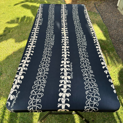 pua kenikeni lei table covers for party, with elastic, tablecloth, fitted for 6 foot table, rectangle - Beige Lei - from Puakenikeni Designs
