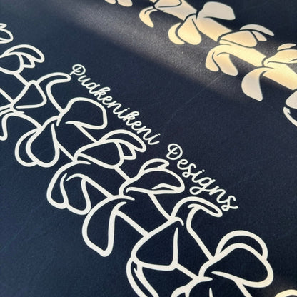 pua kenikeni lei table covers for party, with elastic, tablecloth, fitted for 6 foot table, rectangle - Beige Lei - from Puakenikeni Designs close up