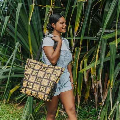holoholo bag with pua kenikeni flowers - brown and yellow from Puakenikeni Designs on model